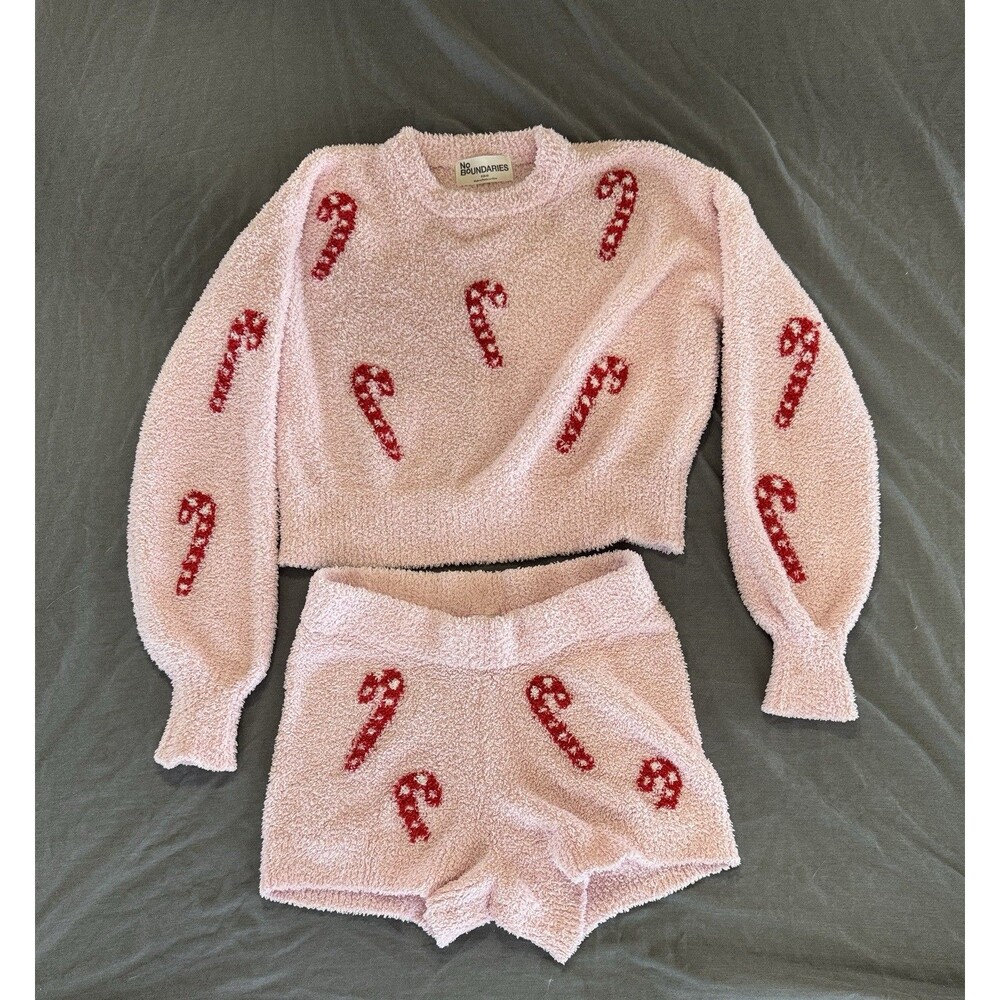 NO BOUNDARIES Candy Cane Pajama Top & Shorts Women’s Pink Sz S(4-6) Christmas